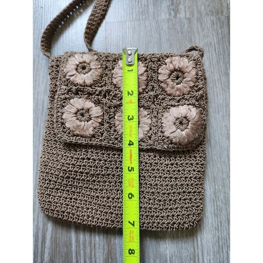 VTG Amanda Smith Crochet Crossbody Purse Bag Oatmeal Floral  Zip Y2K 90s GUC